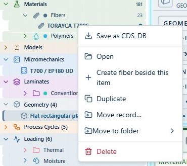 The record context menu exposes Open, Create, Duplicate, Move, Save and Delete actions for the selected record.
